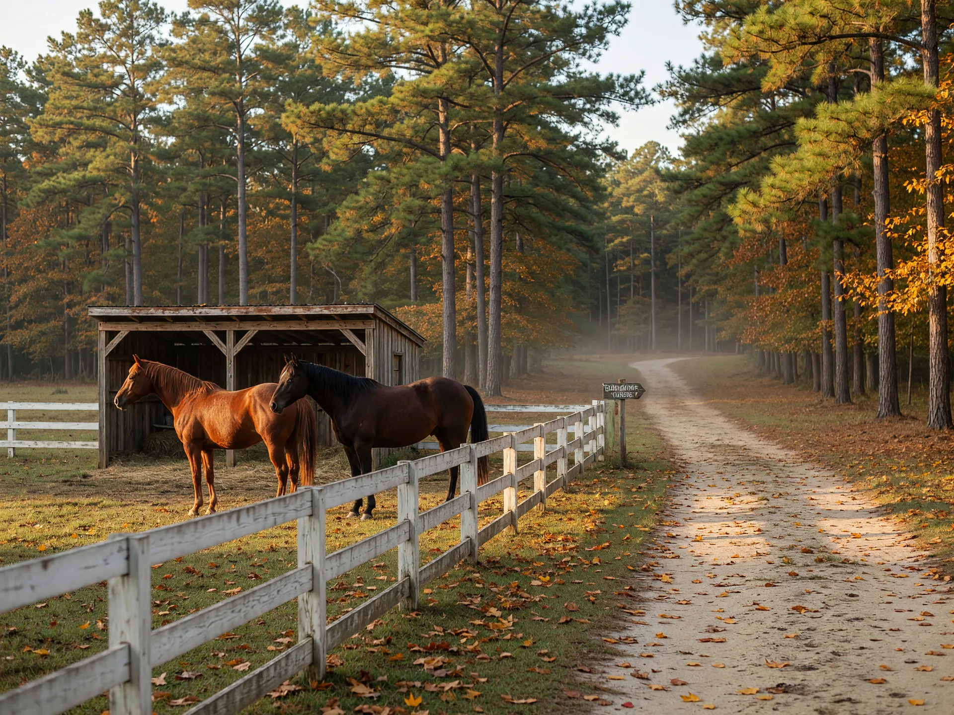 Two horses, a chestnut and a bay, stand in a white-board-fenced paddock beside a longleaf pine woods in Aiken, South Carolina in October, with a sandy riding trail entering the tree line and amber autumn leaves on the grass