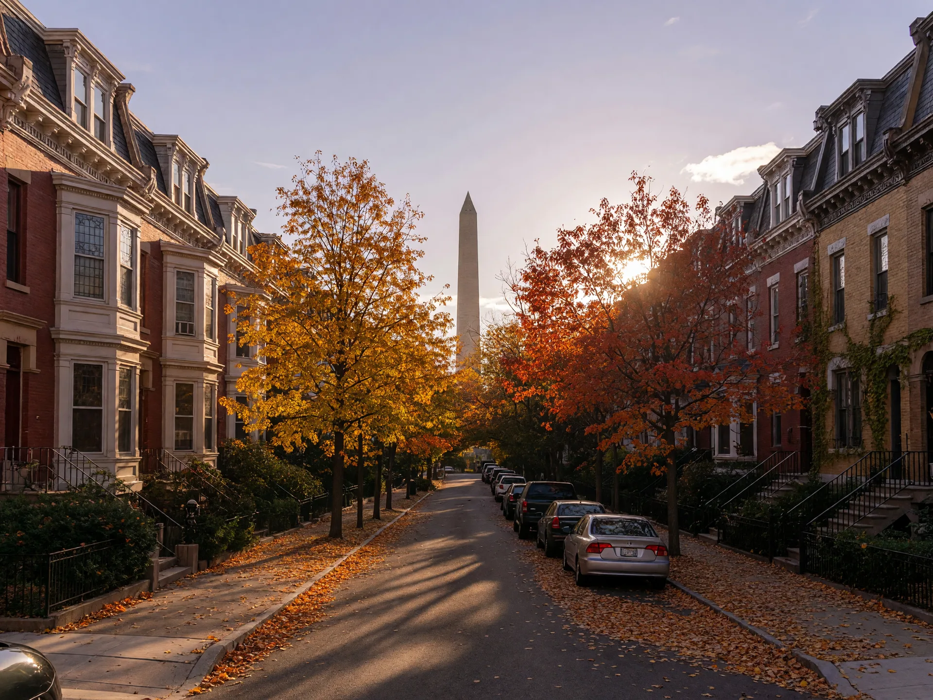 Leafy residential street in the Dupont Circle neighborhood of Washington DC in mid-October, Victorian and brick rowhouses with bay windows behind mature trees showing full autumn color, with the Washington Monument spire visible above the roofline