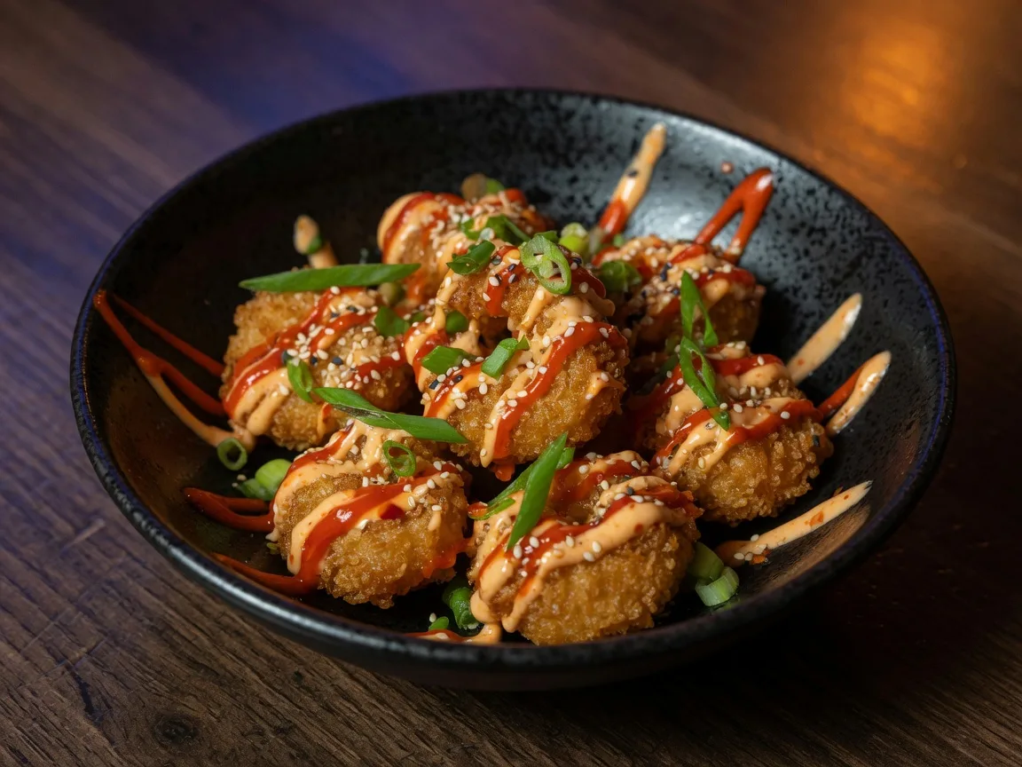 Crispy golden Bang Bang Shrimp in a creamy sweet-chili sauce with sriracha aioli, green onions, and sesame at Moonshiners Bar and Grill in Braselton Georgia