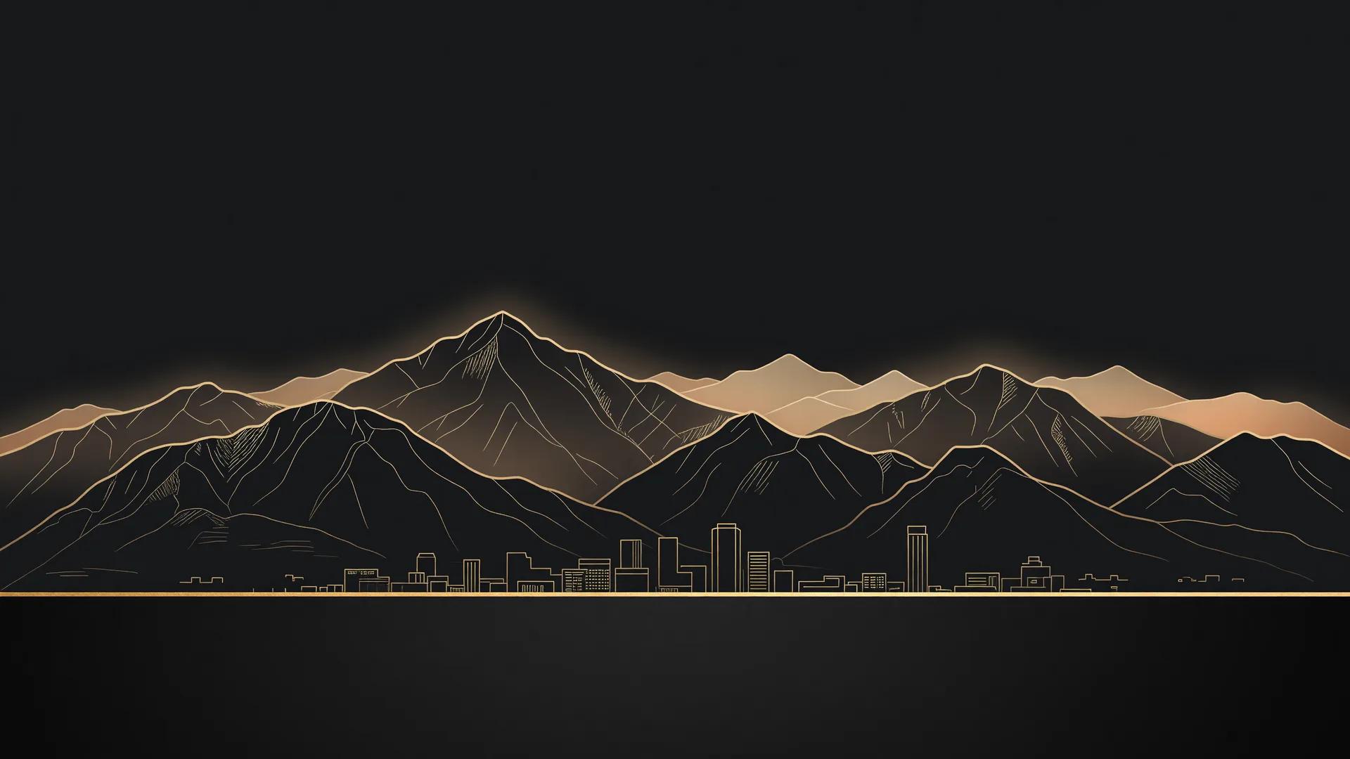 Stylized gold line-art of the Wasatch Front mountain range above a band of city building silhouettes on a near-black background