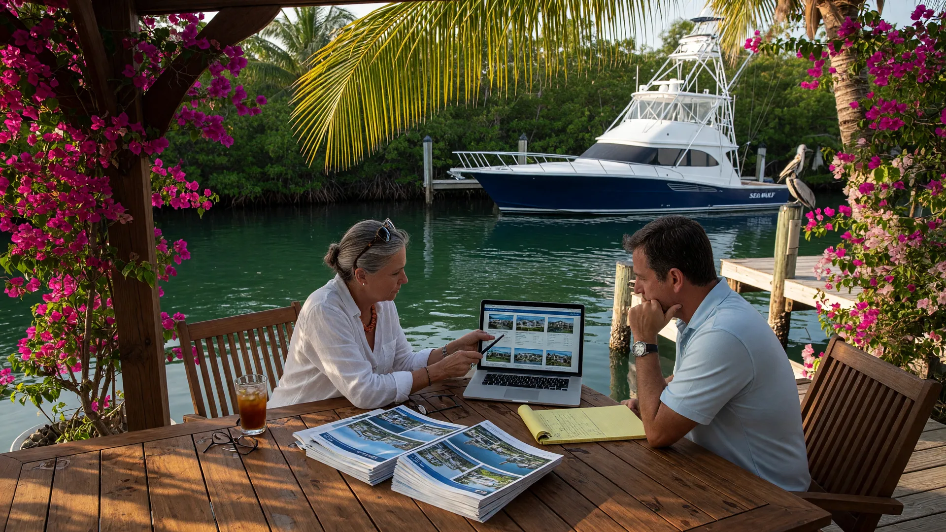 Luxury real estate buyer and experienced agent meeting at a shaded teak table on a Florida Keys waterfront deck with property brochures and laptop, a sportfishing yacht moored in the canal behind them