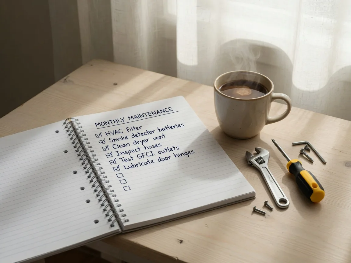 A clean wooden desk with an open notebook showing a handwritten maintenance checklist, a warm coffee mug, and neatly arranged home tools in soft morning light