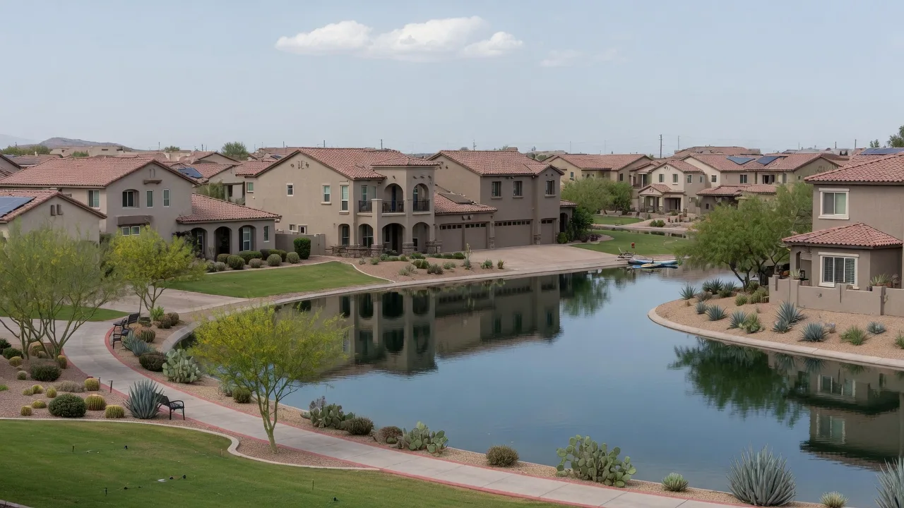 Lakeside master-planned community in Chandler with golf fairways and terracotta-roofed homes at golden hour