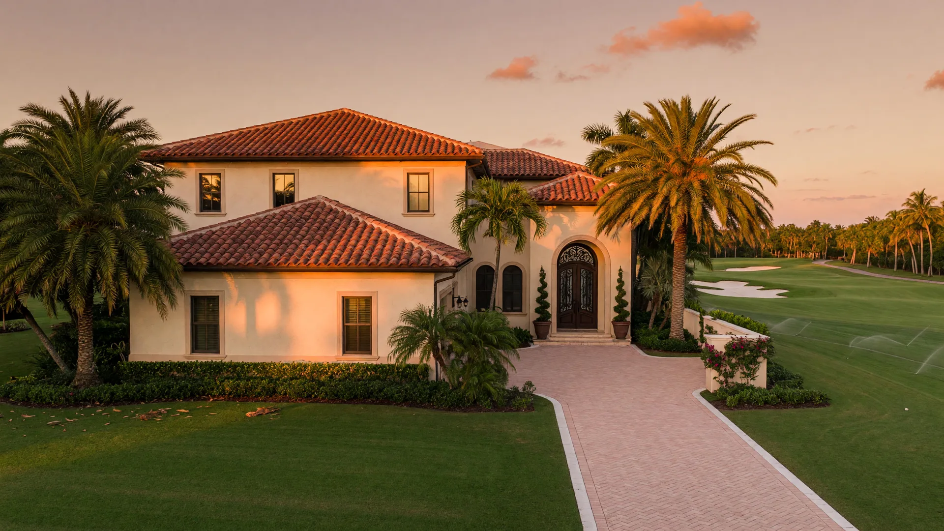 An elegant Mediterranean-style villa home in a Florida golf community at golden hour