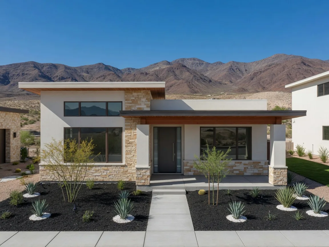Brand-new desert-modern home exterior in a Henderson master plan