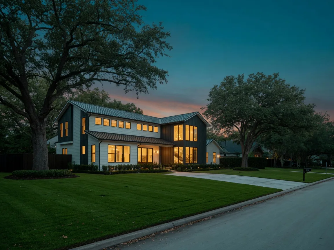 A modern two-story suburban home at dusk with warm glowing windows in Northwest Houston