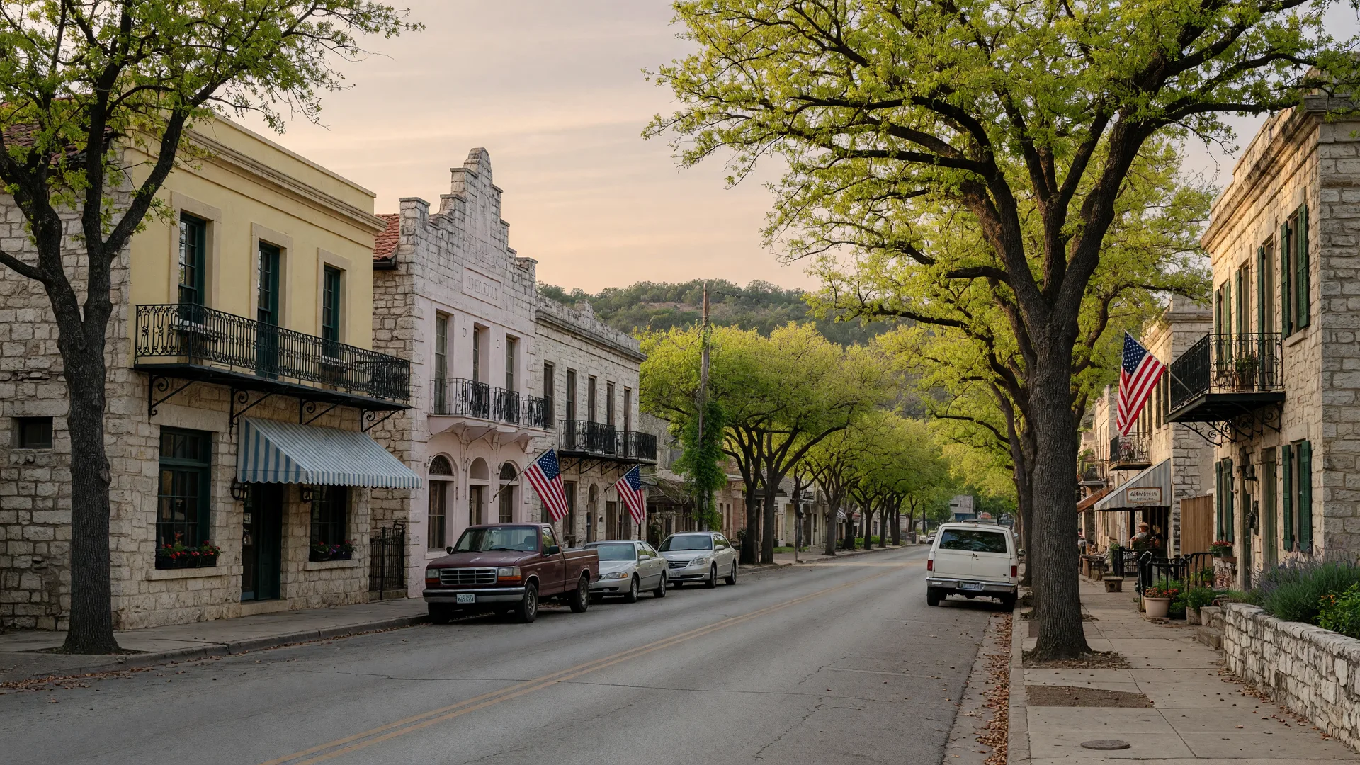 Historic main street in Castroville, Texas with Alsatian-style limestone buildings under live oak trees