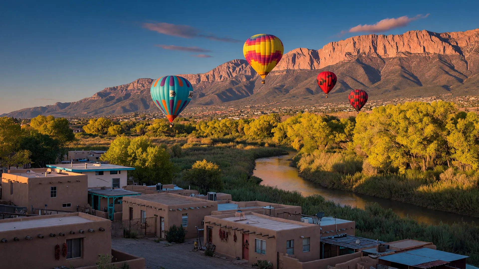 Colorful hot air balloons drifting over the Rio Grande valley at golden hour, the Sandia Mountains rising behind, with adobe homes and gold cottonwoods in the foreground in Albuquerque, New Mexico