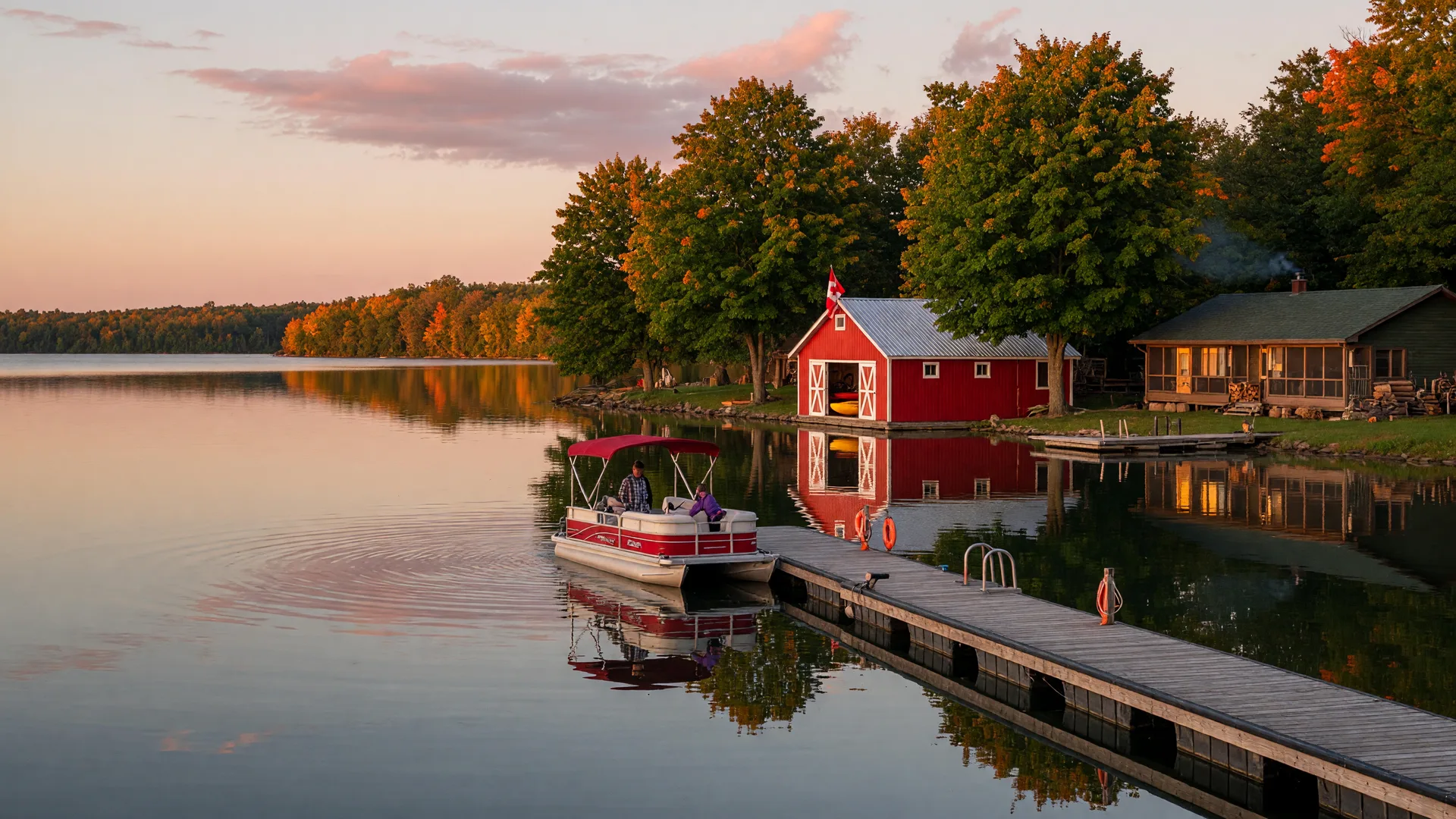 Lake Scugog waterfront in early autumn at golden hour with a wooden dock, red-and-white boathouse, turning maples, and a pontoon boat on calm water
