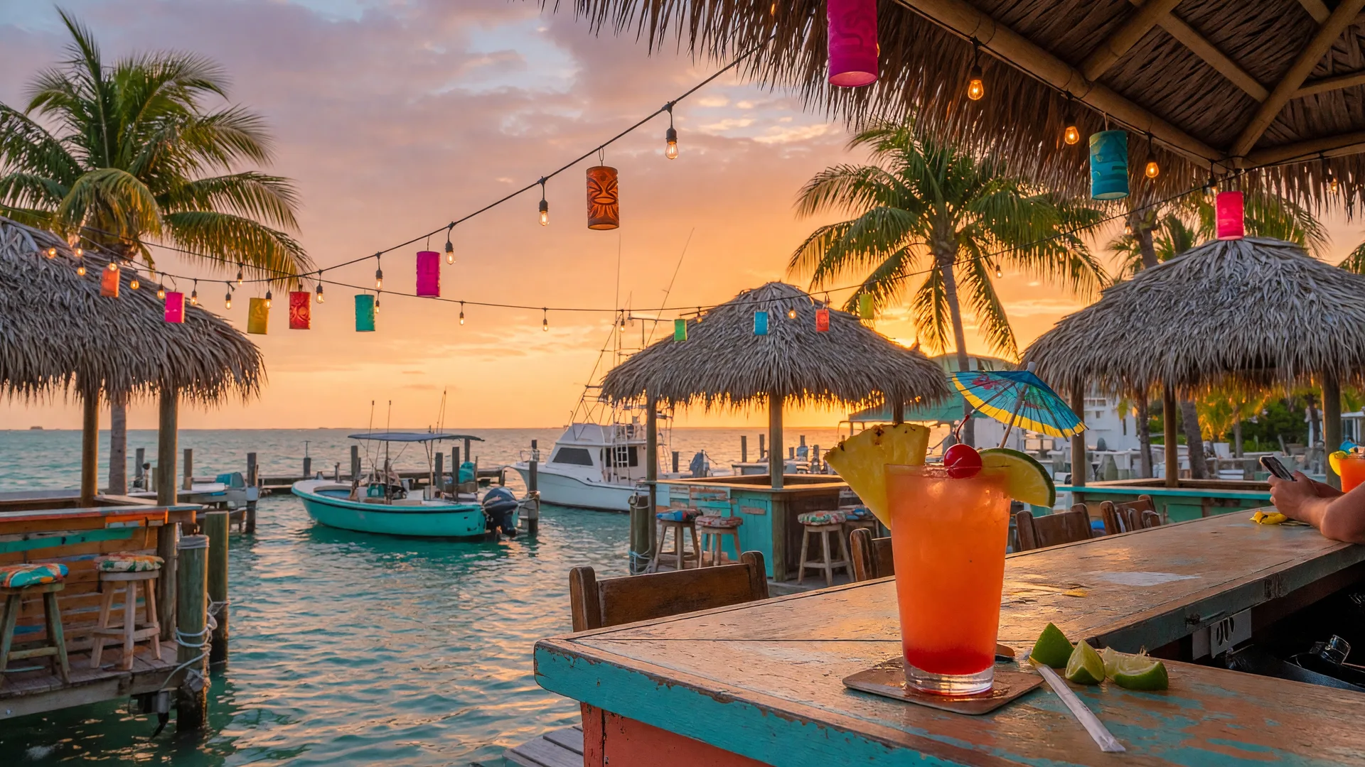 Outdoor waterfront bar seating in the Florida Keys at sunset with tropical palm trees, string lights, and a colorful cocktail on the bar top