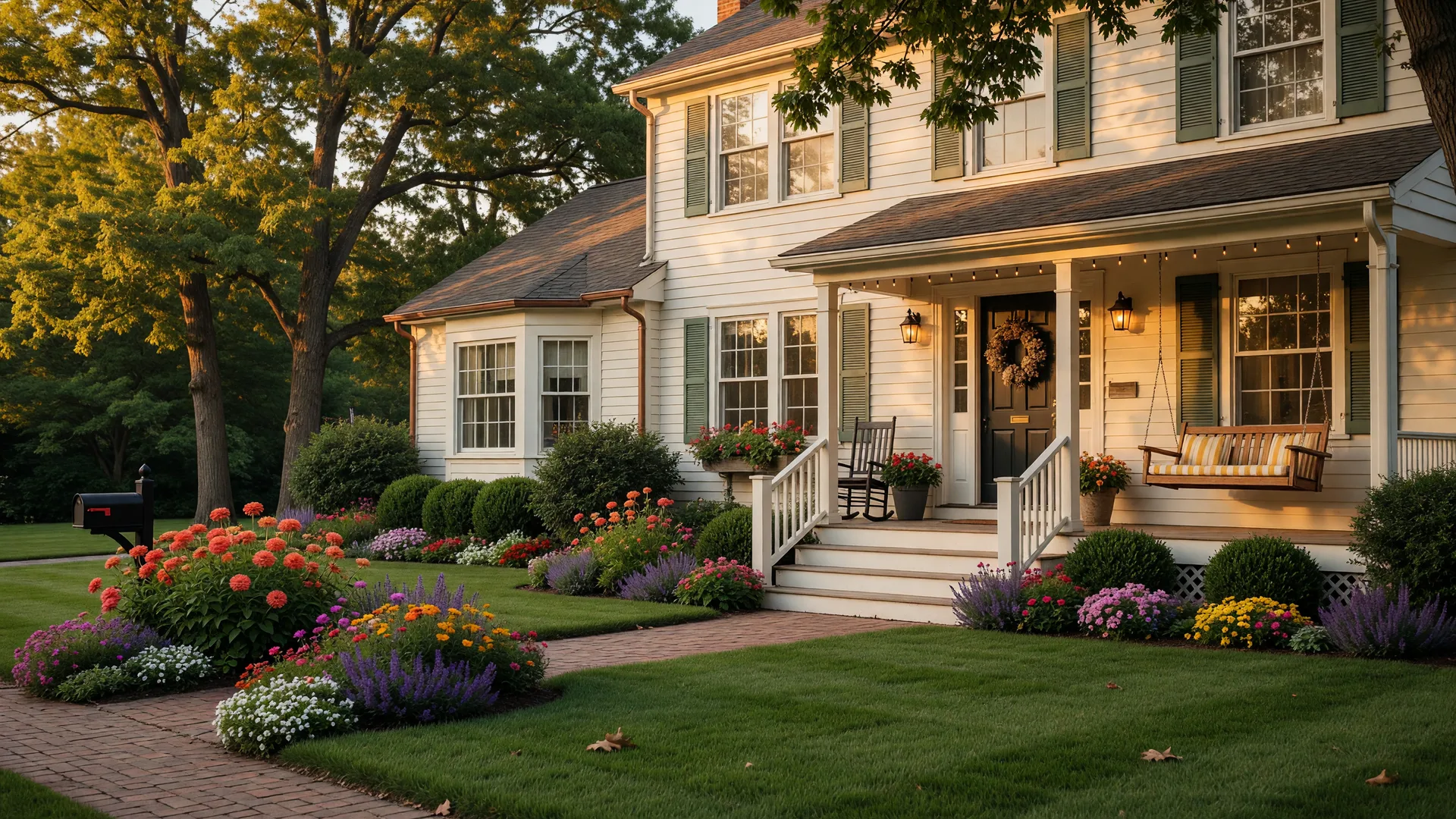 Beautifully maintained home exterior with manicured landscaping at golden hour