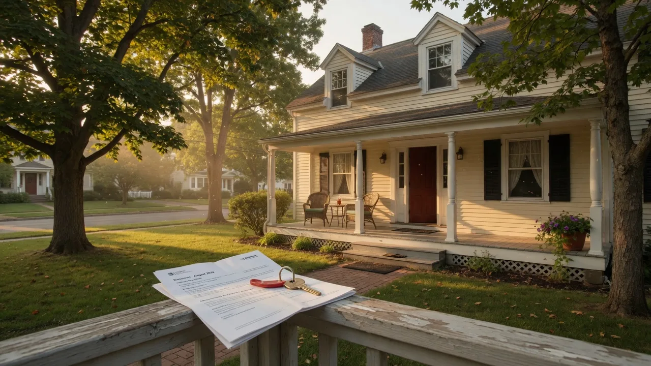 A classic New England colonial home in a quiet Connecticut neighborhood at golden hour, with a mortgage statement and house key resting on the front porch railing