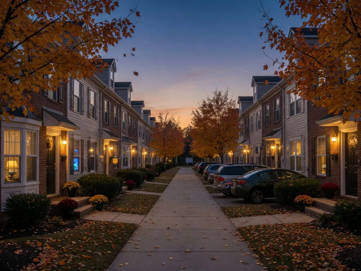 Rows of townhomes with warm porch lights on a quiet Prince William County street at dusk