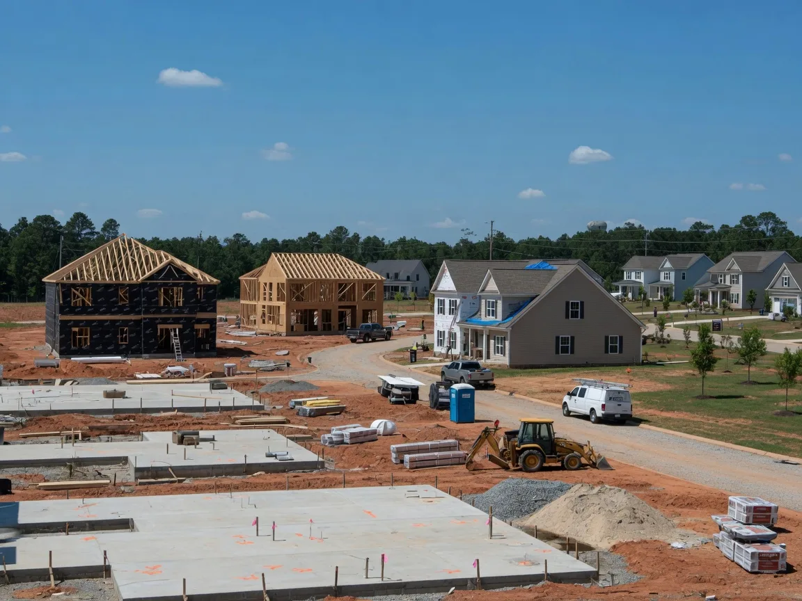 Construction site in Augusta Georgia showing homes in various stages of framing and completion on a sunny afternoon