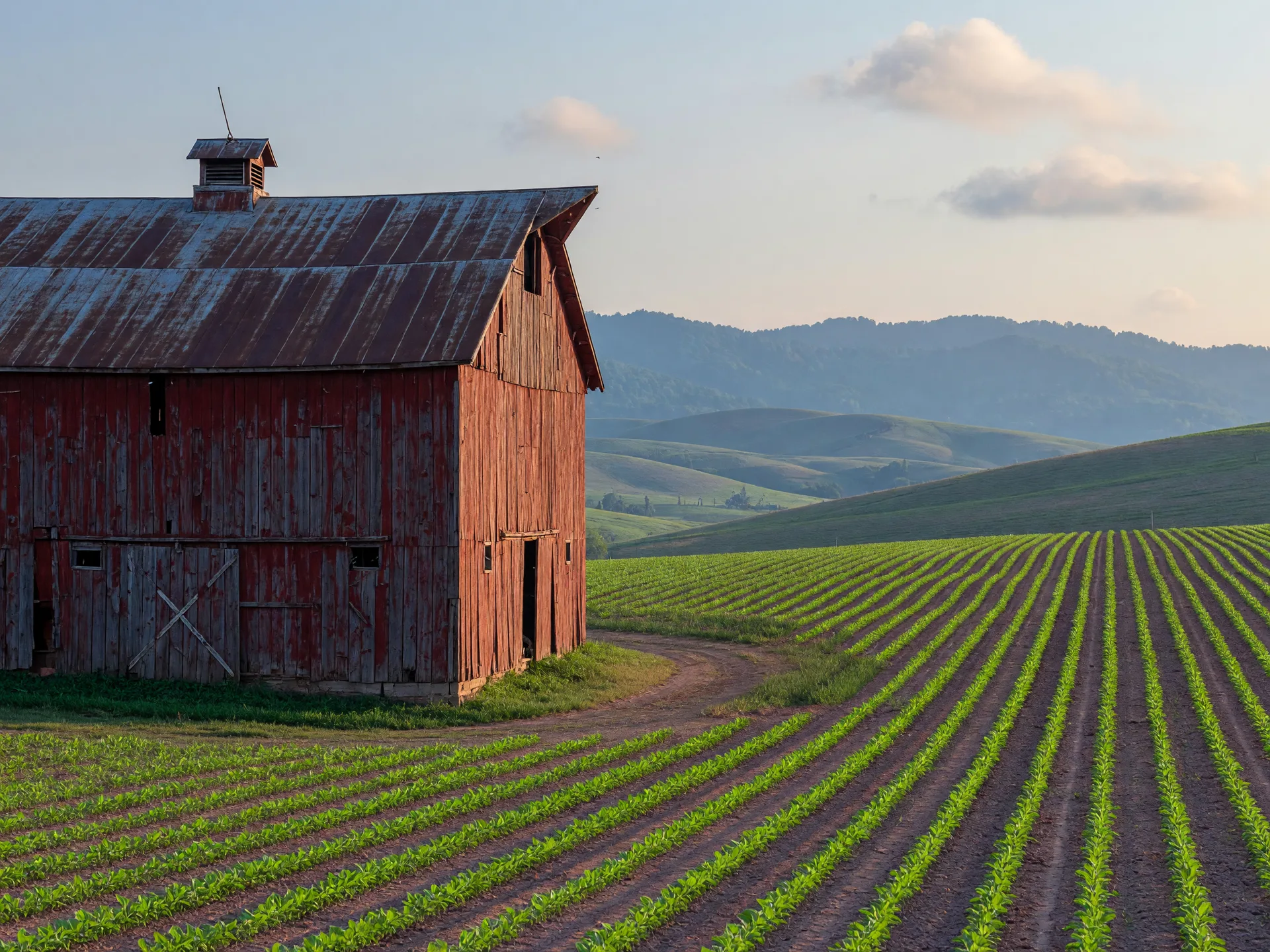 Peaceful farmland near Nicholasville with a weathered red barn and rolling hills