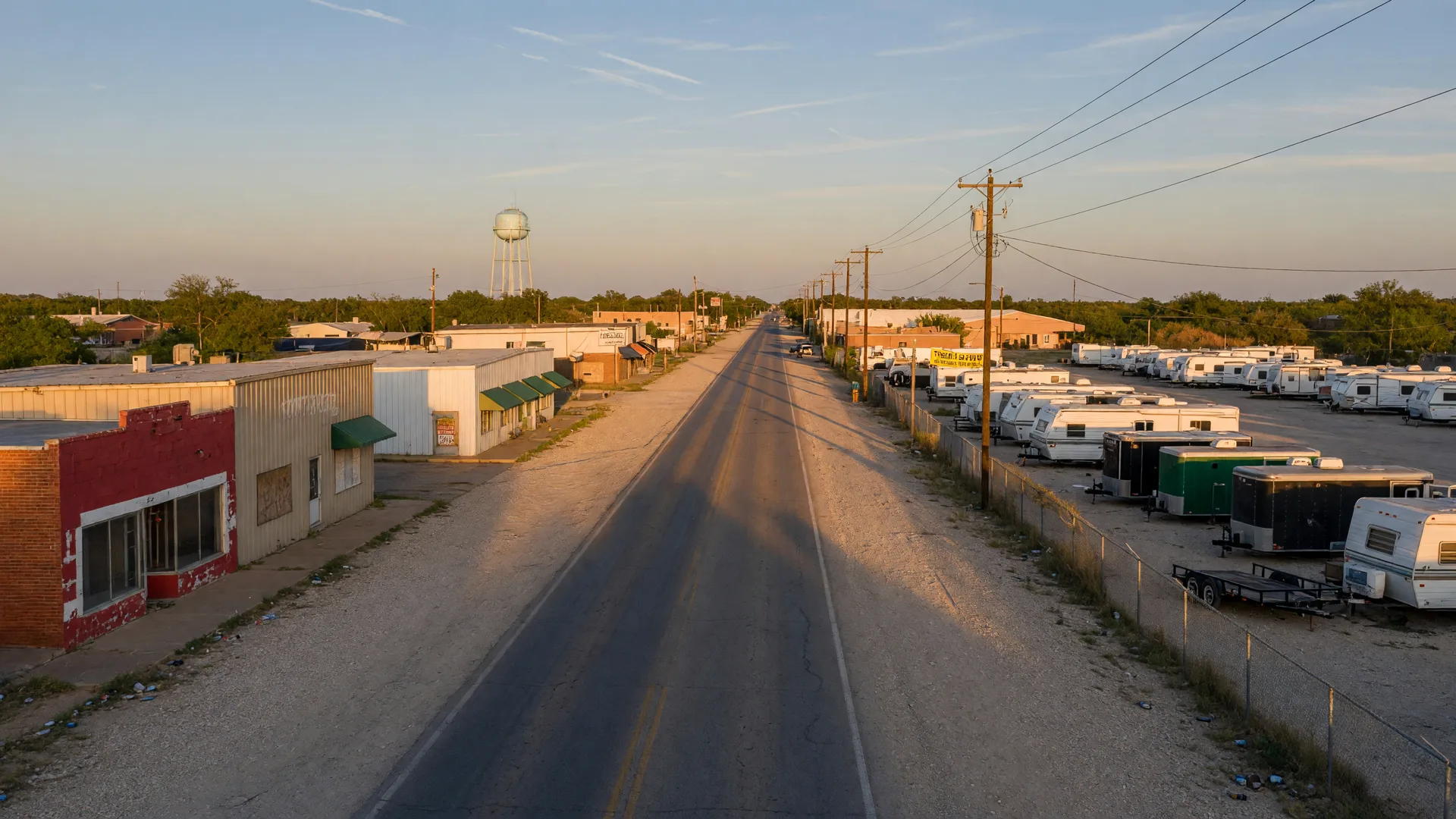A North Main commercial corridor on the edge of a small Texas city at golden hour with storefronts and a large open trailer sales lot