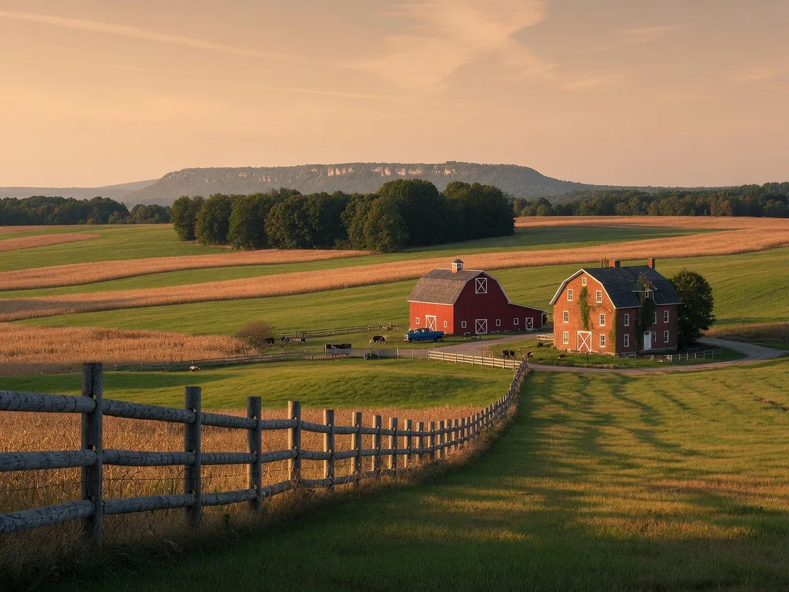 Rolling farmland in rural Halton Hills with a split-rail fence, a red-brick farmhouse and the escarpment on the horizon