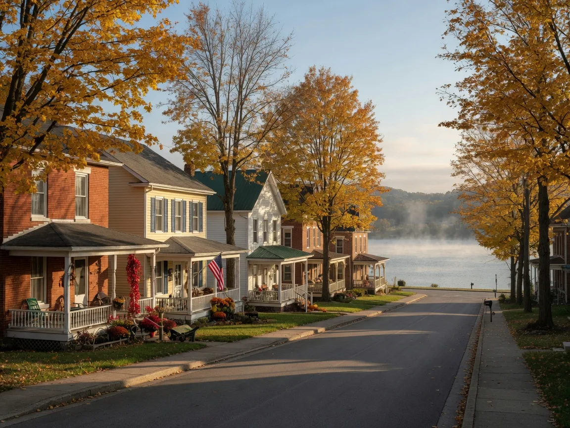 A maple-lined residential street of historic houses in a Southern Indiana river town on a crisp autumn morning