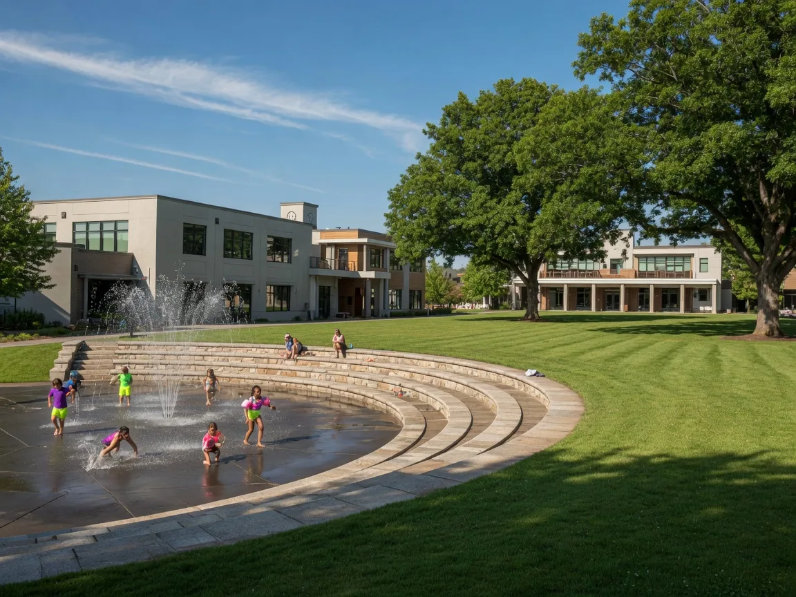 Town Center Park in Wilsonville with its amphitheater, splash pad, and green lawns on a sunny afternoon