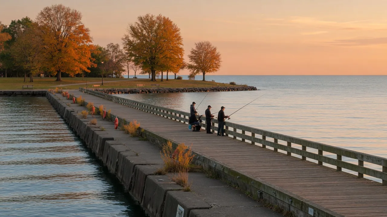 A Lake Erie fishing pier at golden hour in late September with calm water and autumn trees along the shoreline