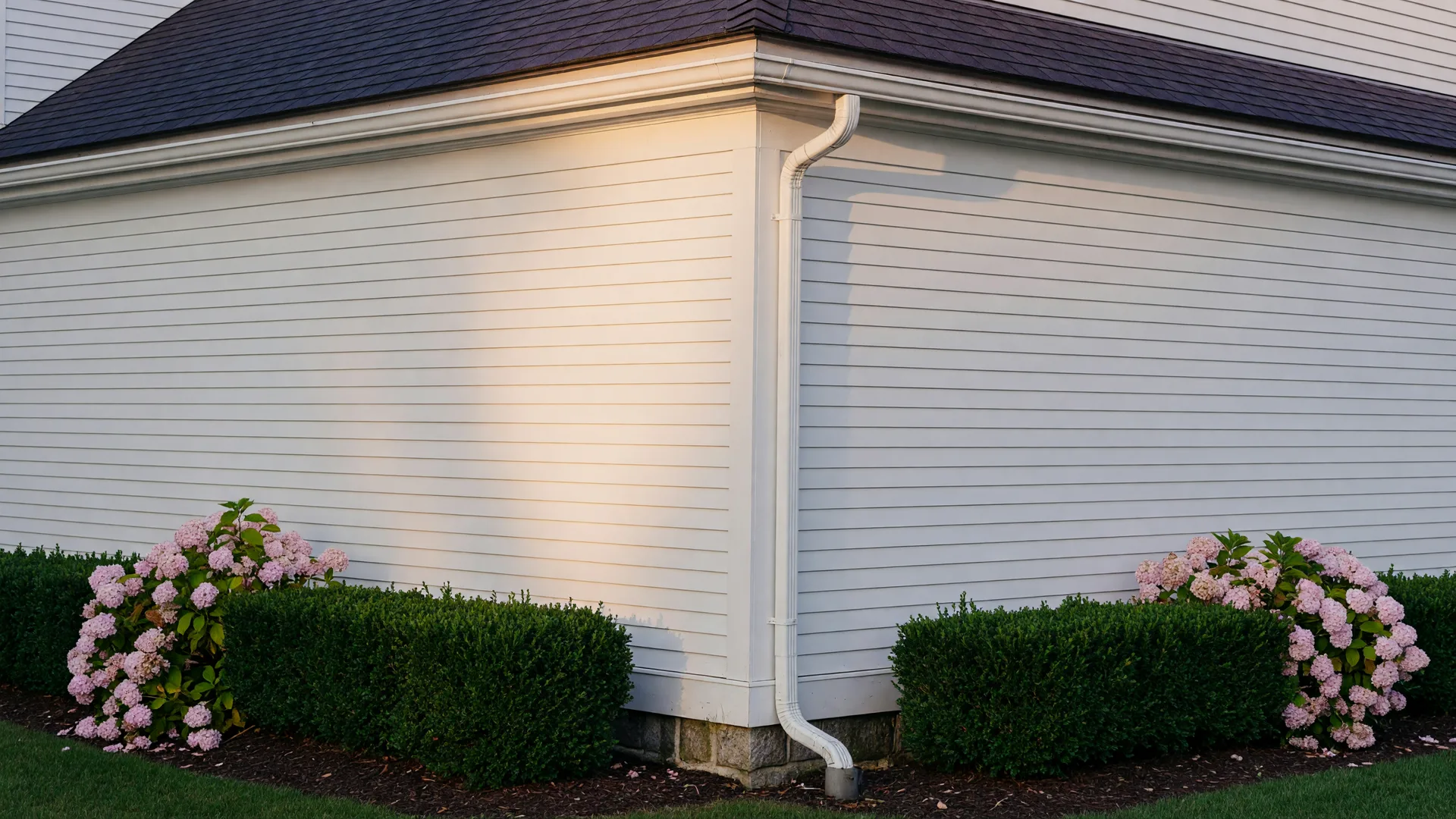 The exterior corner of a classic New England colonial home in soft light