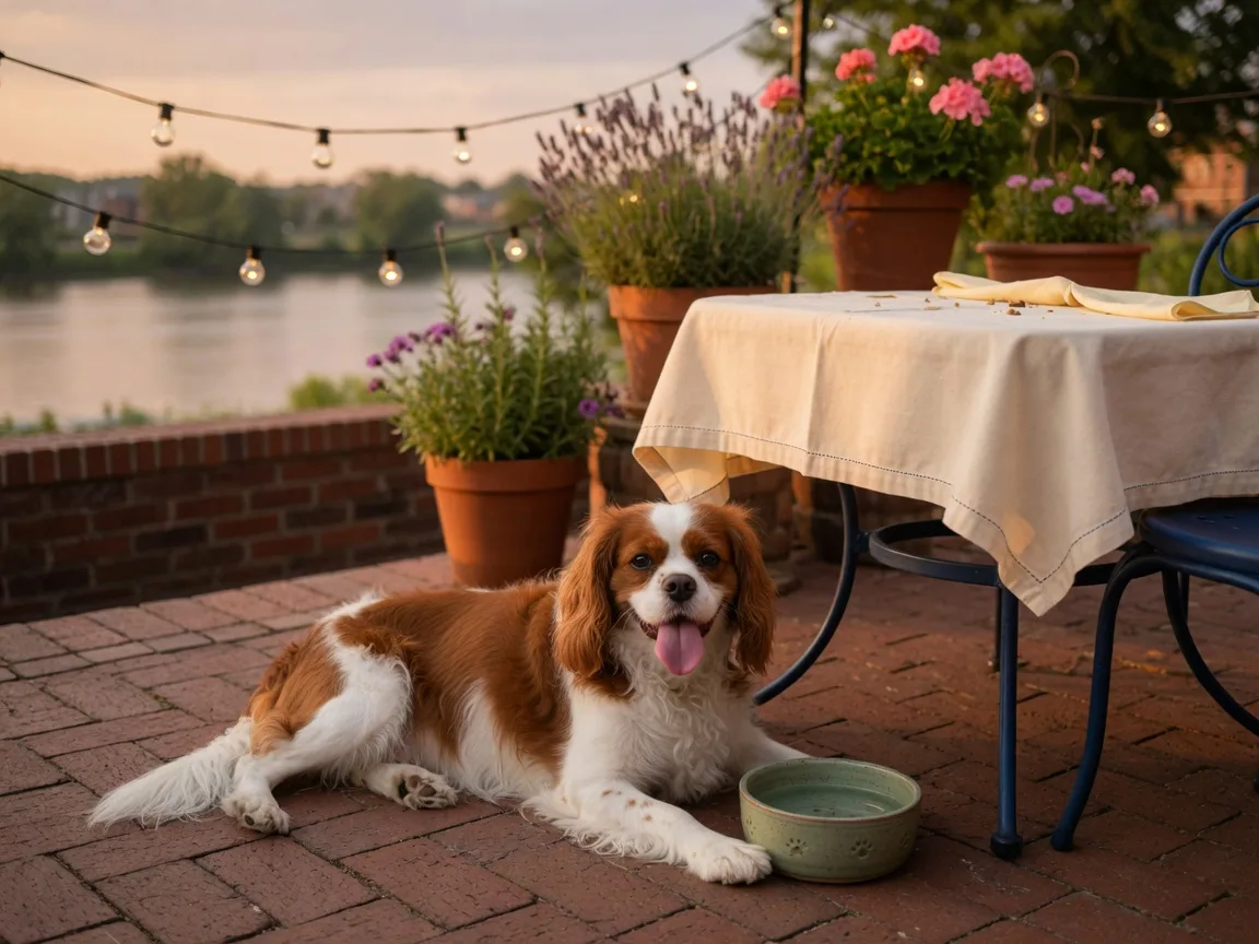 A brown and white spaniel resting beside an outdoor bistro table on a warm restaurant patio, water bowl at its paws