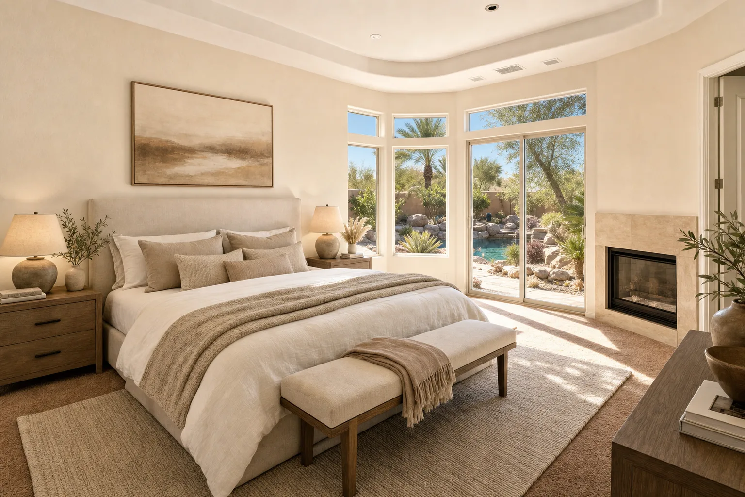 Serene primary bedroom interior of a Las Vegas Valley home