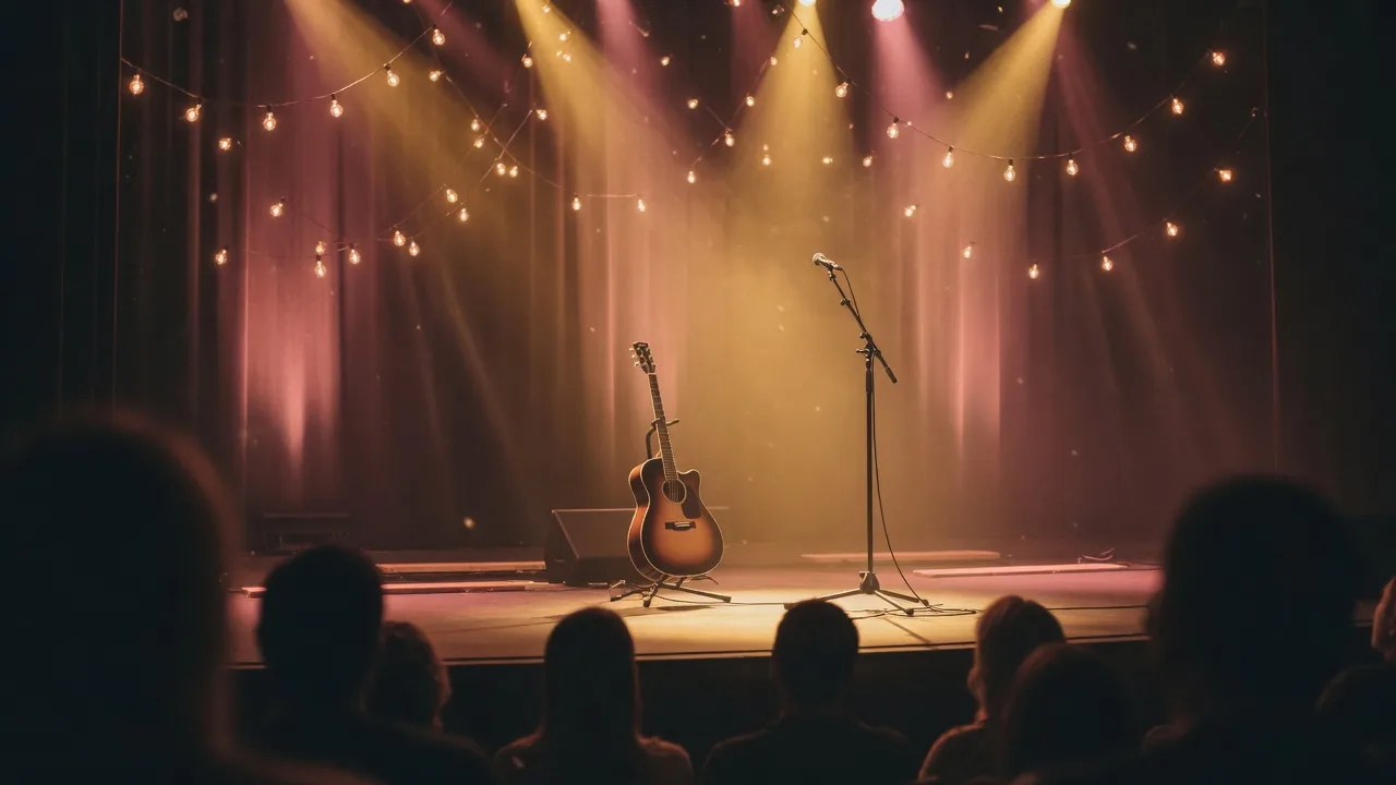 An acoustic rock stage in warm amber light with a guitar on a stand, a microphone, and strings of warm bulbs in the dark background