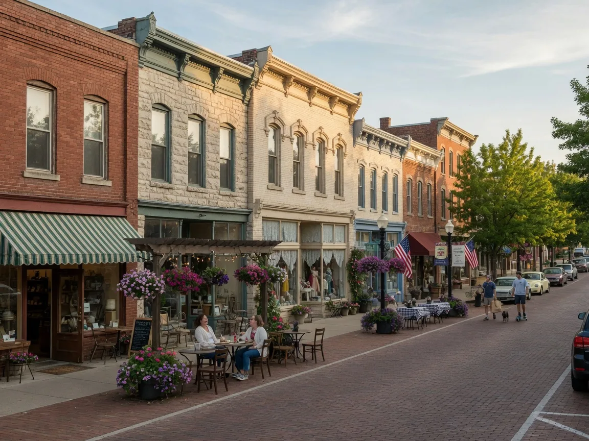 Historic downtown Parkville, Missouri with charming brick storefronts, outdoor seating, and flower baskets on a sunny afternoon