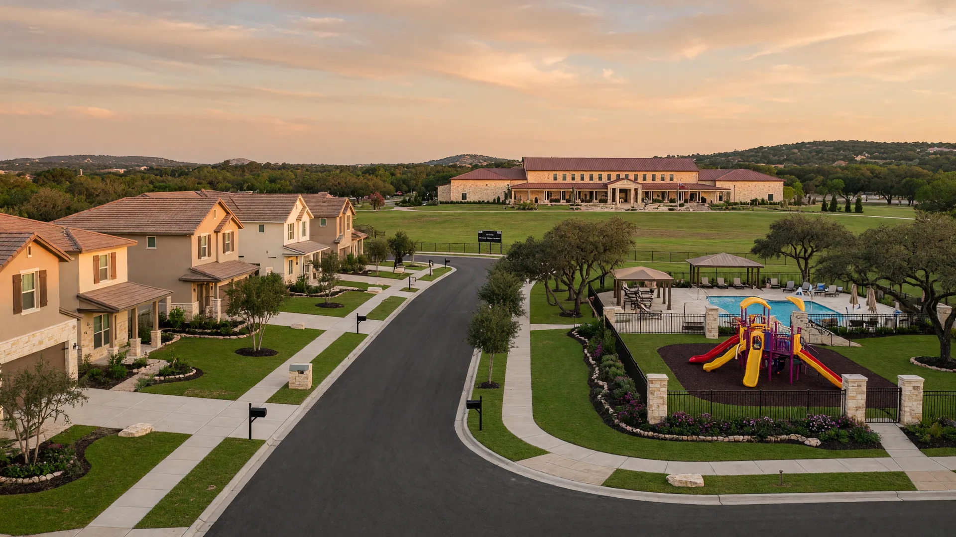 Herff Ranch master-planned community in Boerne, Texas with KB Home houses, manicured lawns, and community park