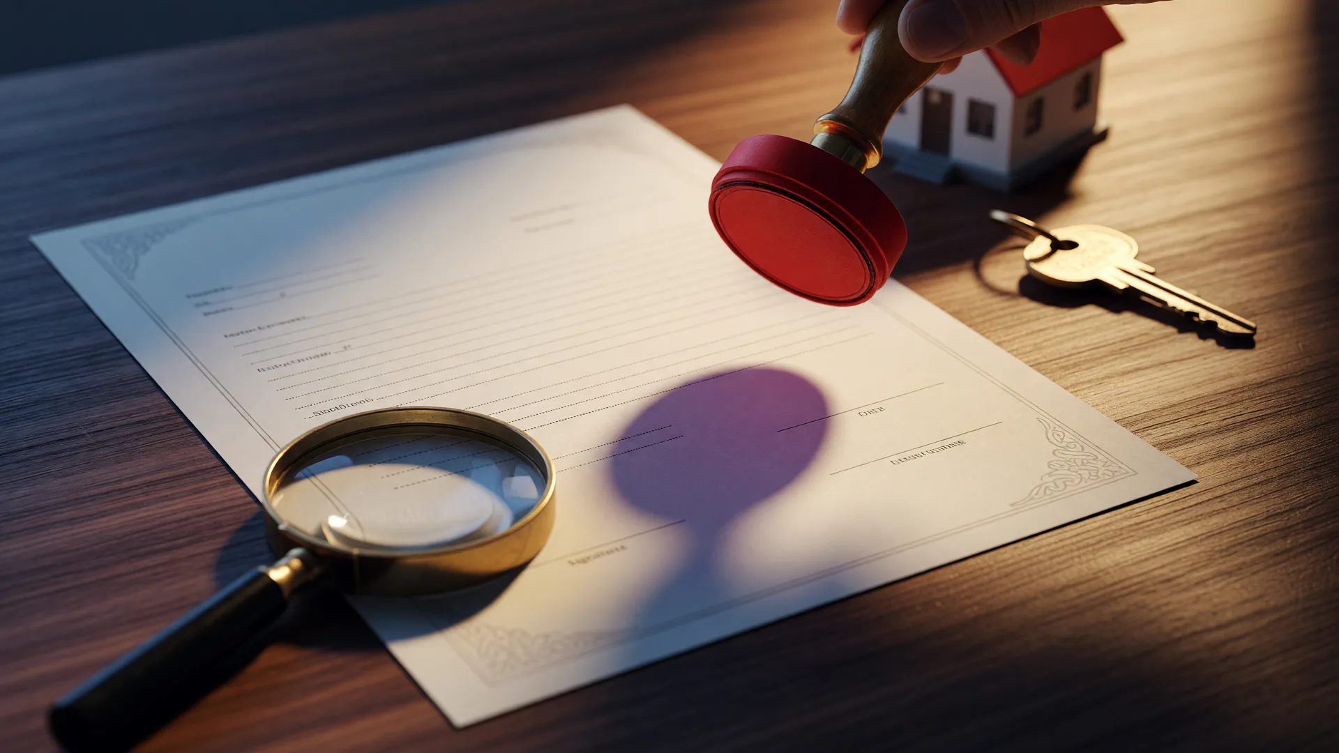 Blank legal deed on a dark desk with a red rubber stamp hovering above it, a magnifying glass, and a house key, representing forged deed fraud