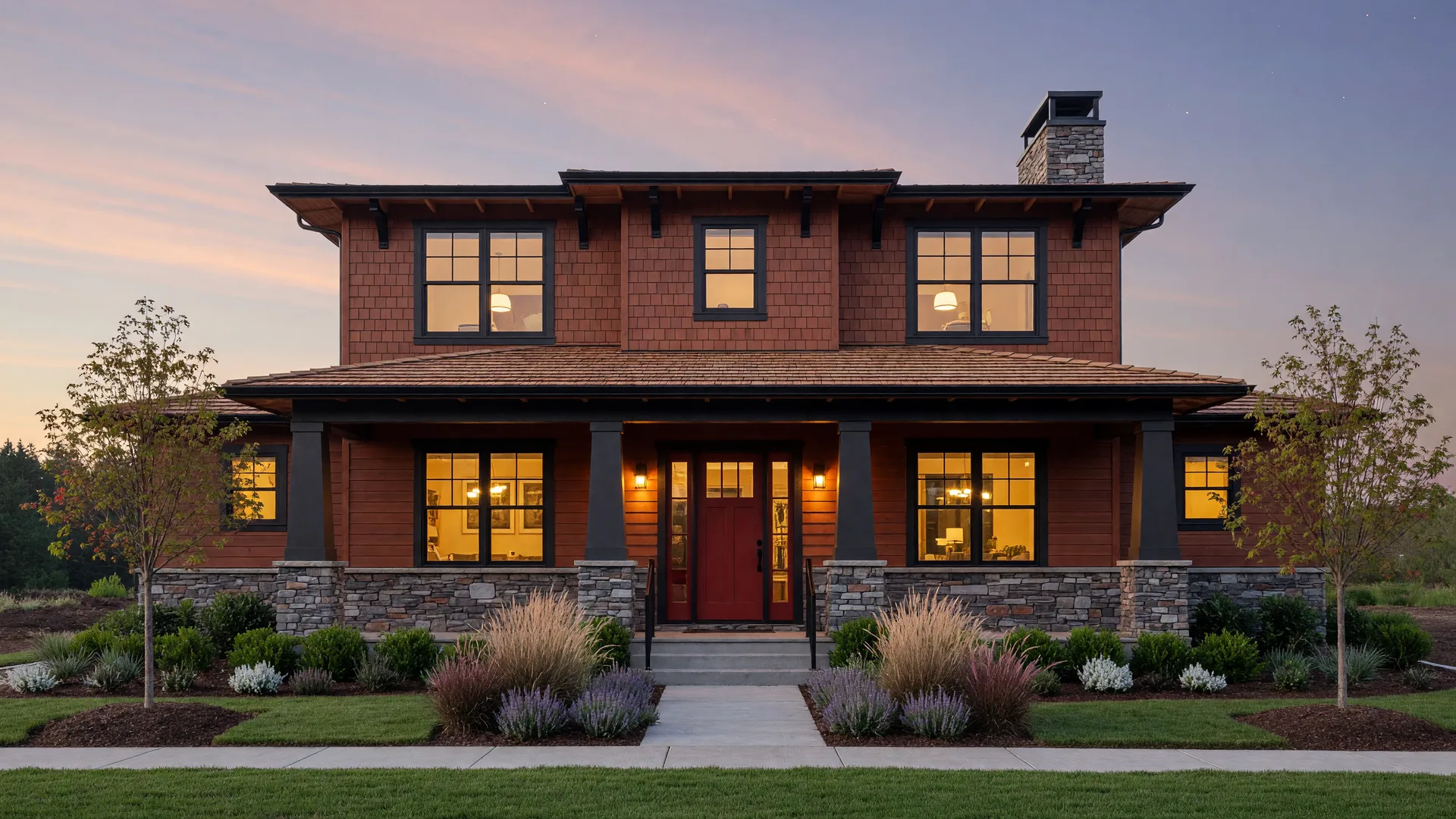 A newly built modern craftsman home with cedar and stone facade at dusk with warm lights