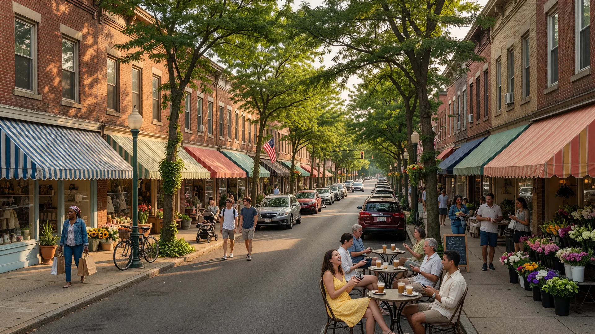 Broad Street in downtown Bloomfield NJ on a warm summer afternoon with brick storefronts, outdoor cafes, and tree-lined sidewalks