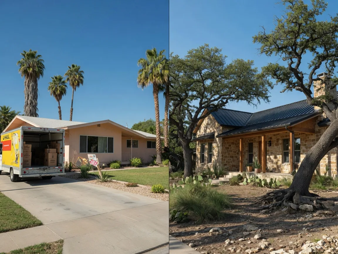 Split composition showing a suburban California house with palm trees and a moving truck on one side contrasted with a Texas Hill Country limestone home under live oaks on the other