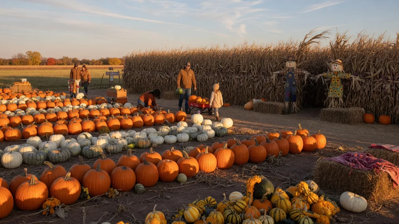 Carmichael's Pumpkin Patch in Bixby Oklahoma on a crisp autumn day with rows of pumpkins, a corn stalk maze, scarecrows, and hay bales in warm afternoon light