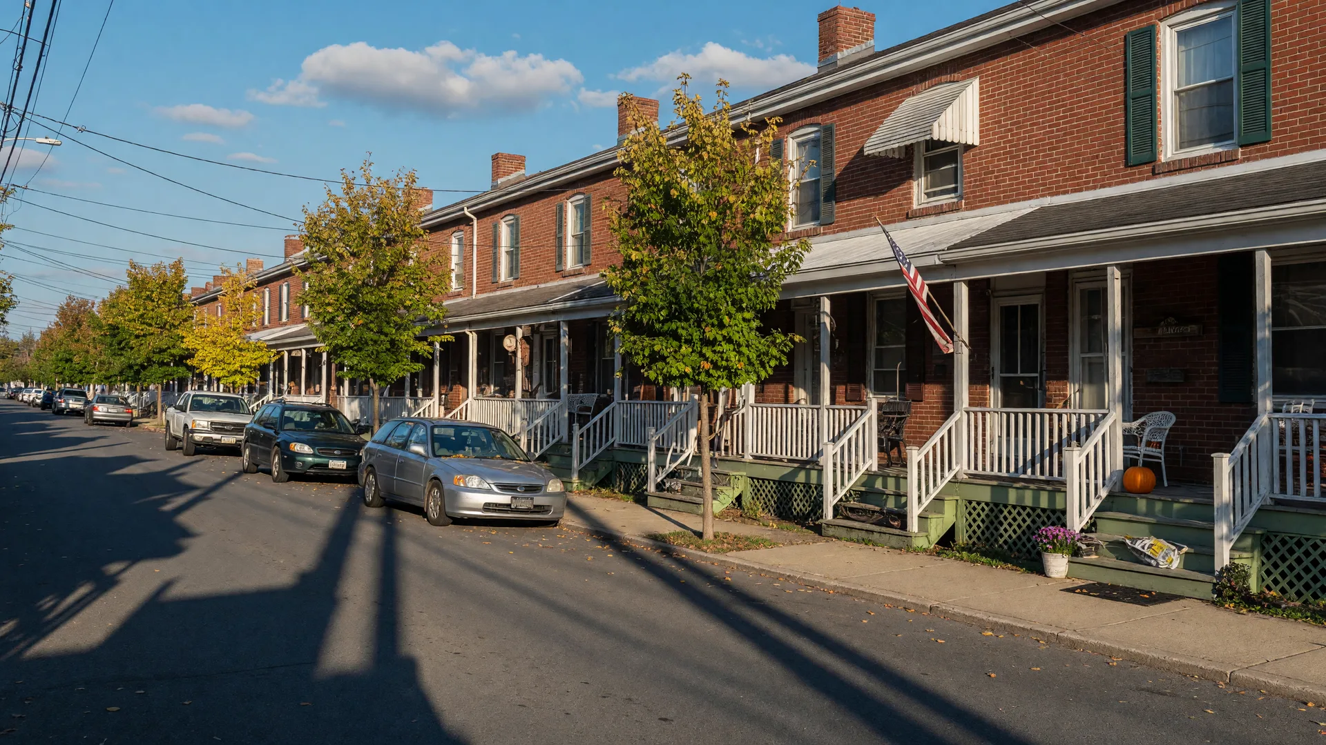 A quiet street of brick twin homes in North Catasauqua on a crisp late-September morning with early autumn color in the maples