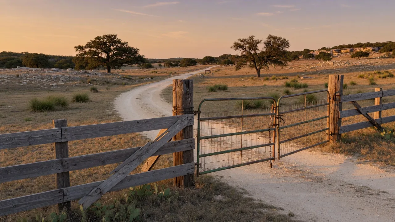 An open ranch gate on a cedar fence line in the Texas Hill Country at golden hour