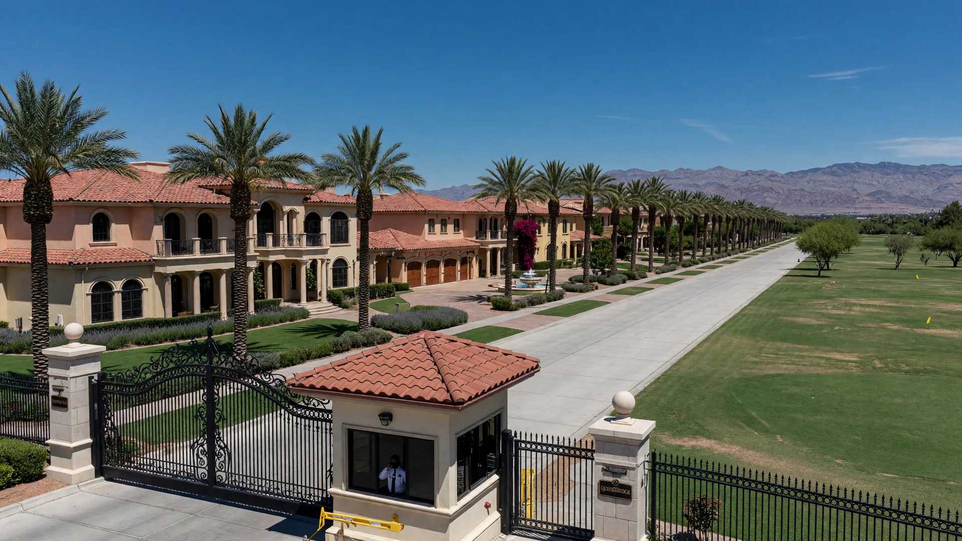 Queensridge, a guard-gated luxury estate community in west Las Vegas with a wrought-iron gate, palm-lined boulevard of large custom homes and open former golf-course space
