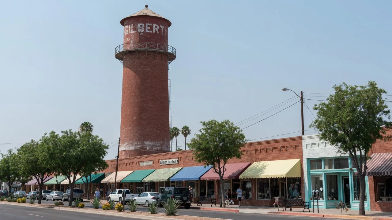 Historic water tower above the Heritage District in downtown Gilbert at dusk with glowing storefronts