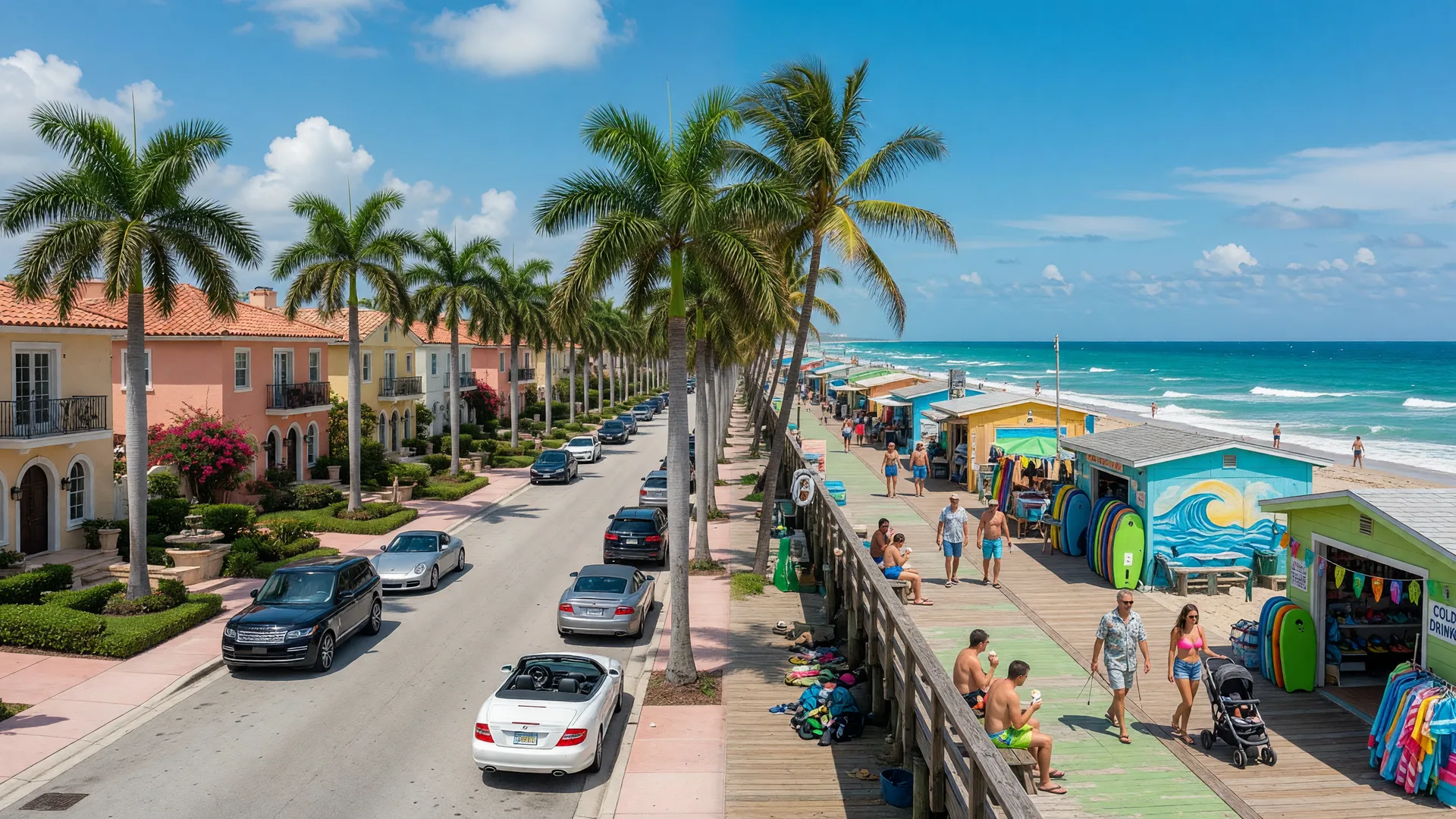 Split scene comparing Boca Raton's upscale Mediterranean architecture on the left with Deerfield Beach's casual boardwalk and ocean on the right in South Florida