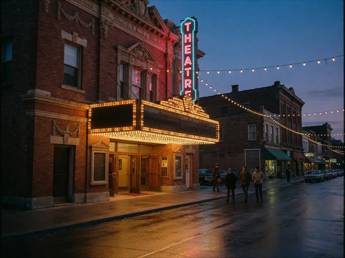 Historic theatre marquee on a downtown Oshawa street at dusk