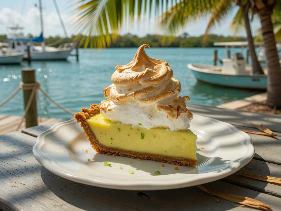 Classic slice of Key lime pie with golden meringue topping at the Blond Giraffe Key Lime Pie Factory in Tavernier, Florida Keys