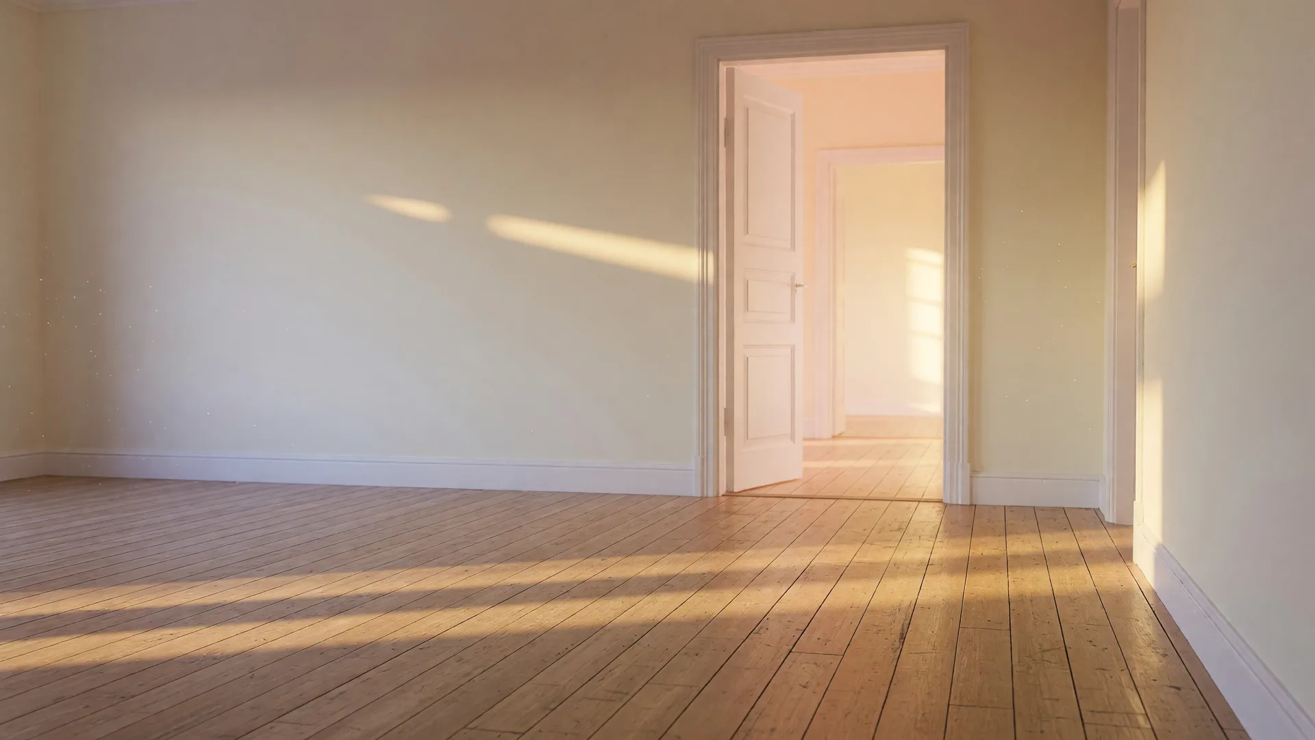Warm morning light through an open doorway into a single-story hallway