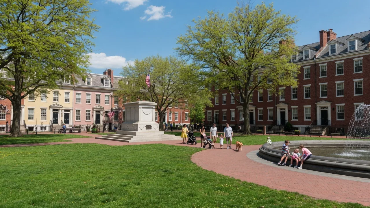 Society Hill historic row houses with cobblestone streets and Franklin gas lamps in Philadelphia