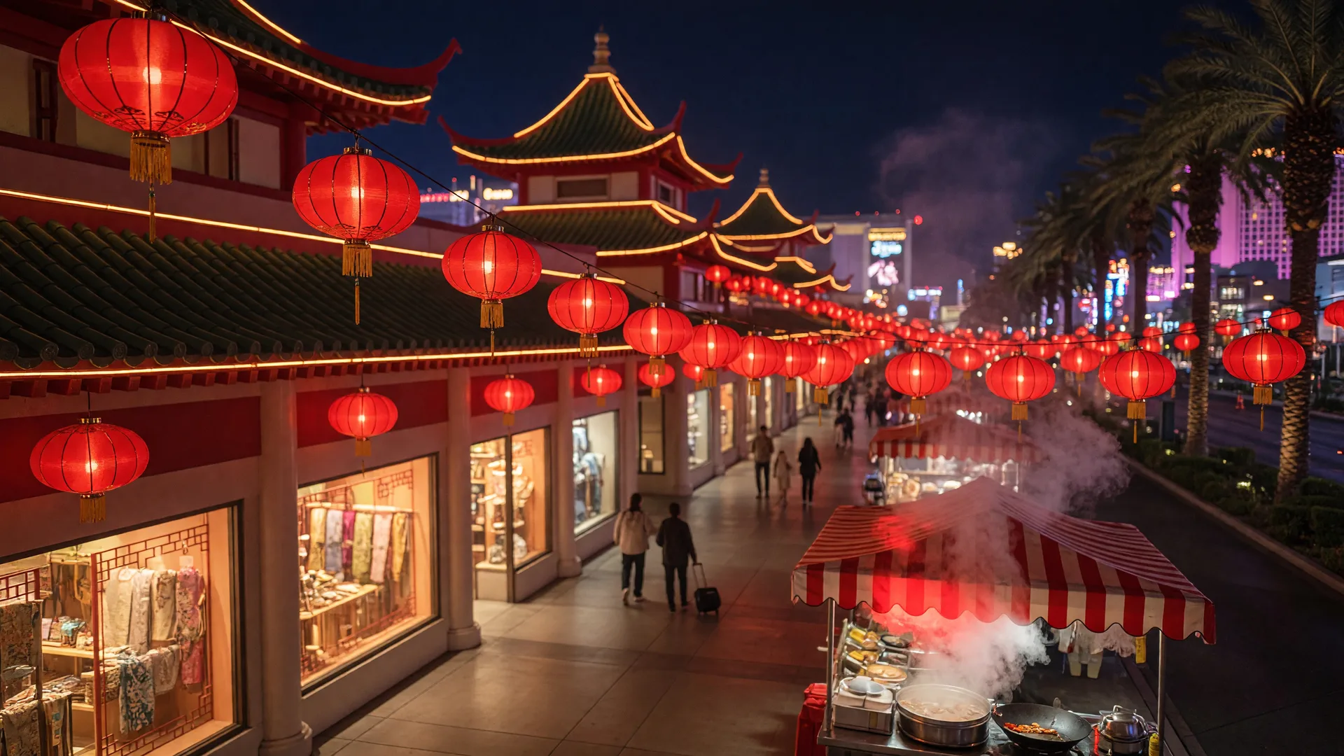 A glowing Asian-inspired shopping plaza at night with red paper lanterns and palm trees
