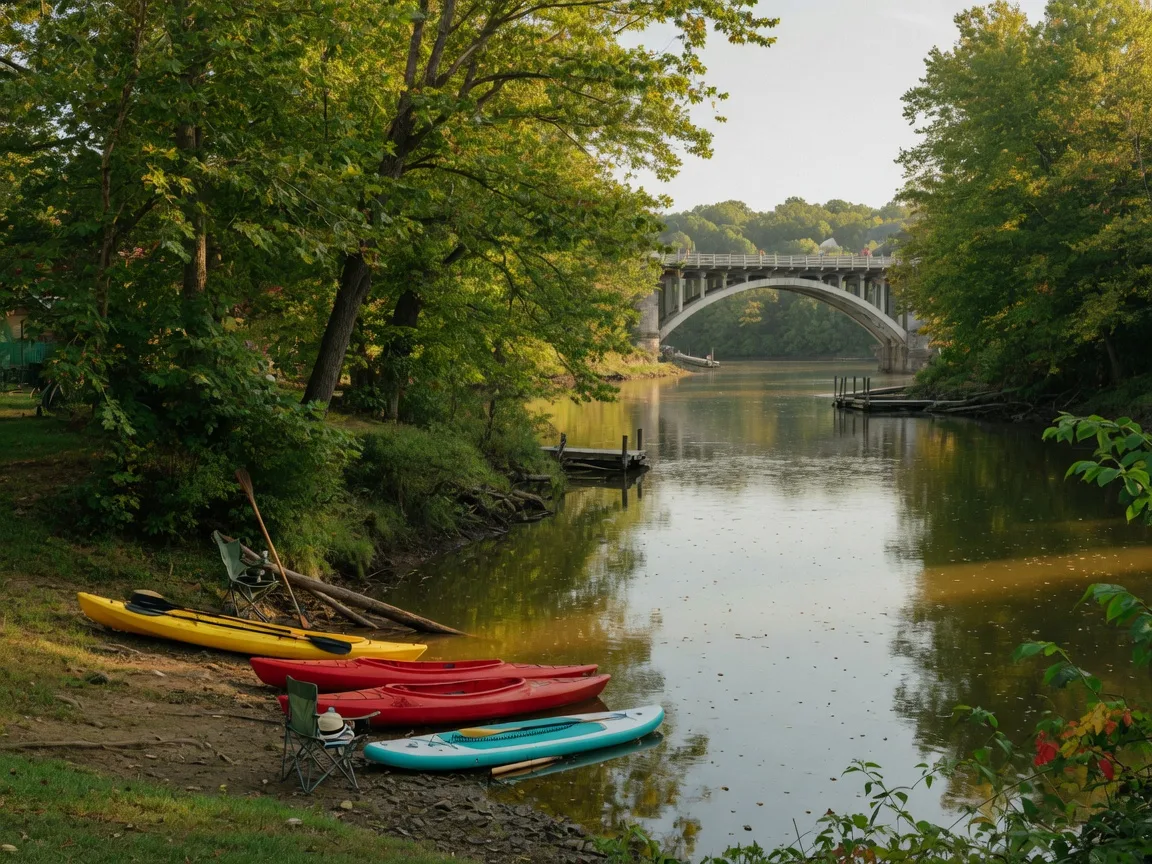 Kayaks and paddleboards on the Occoquan River with tree-lined shores and a historic bridge in the distance on a calm summer afternoon