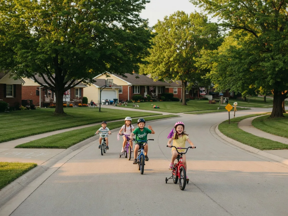 Children riding bikes on a quiet tree-lined street in a safe South Kansas City neighborhood