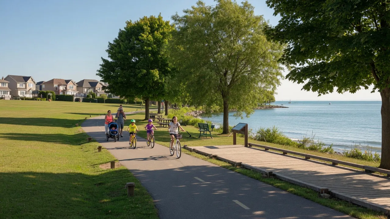 Ajax waterfront trail with Lake Ontario shoreline and green parkland