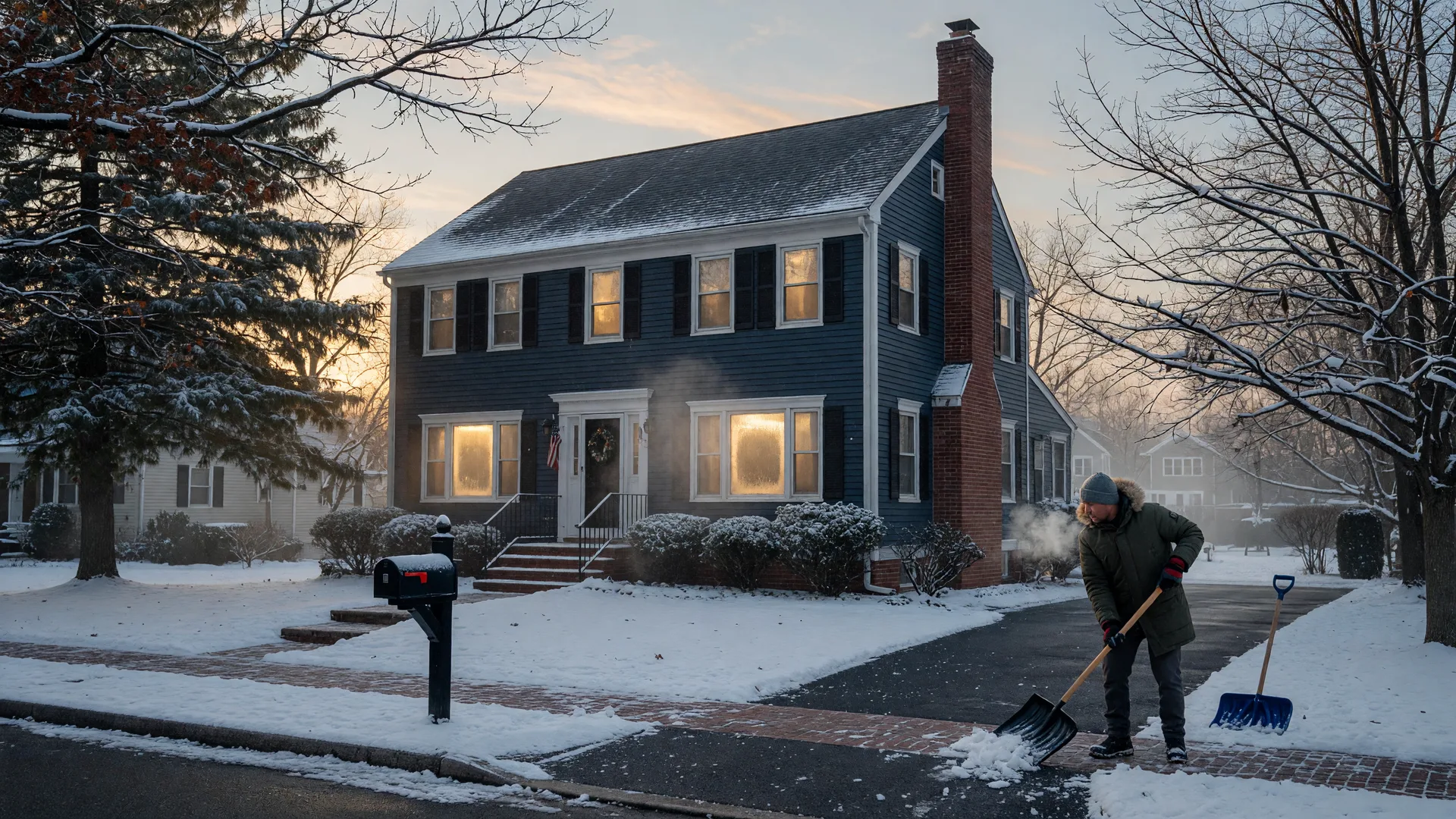A snow-dusted Delran-style colonial home on a crisp winter morning with a neighbor clearing the driveway