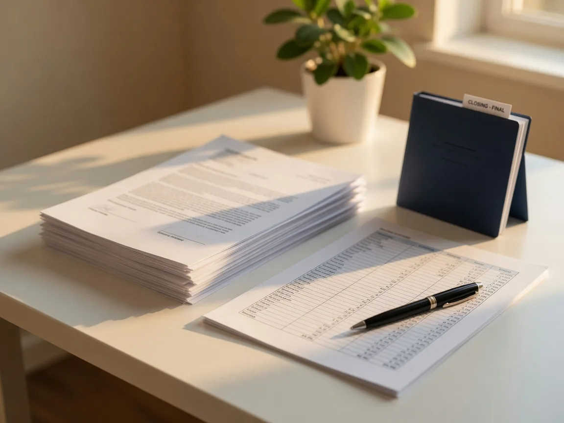 Neat stack of closing documents with itemized figures, near the end of the short-sale process.